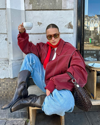 Oversized Contrast Stitch Jacket Red