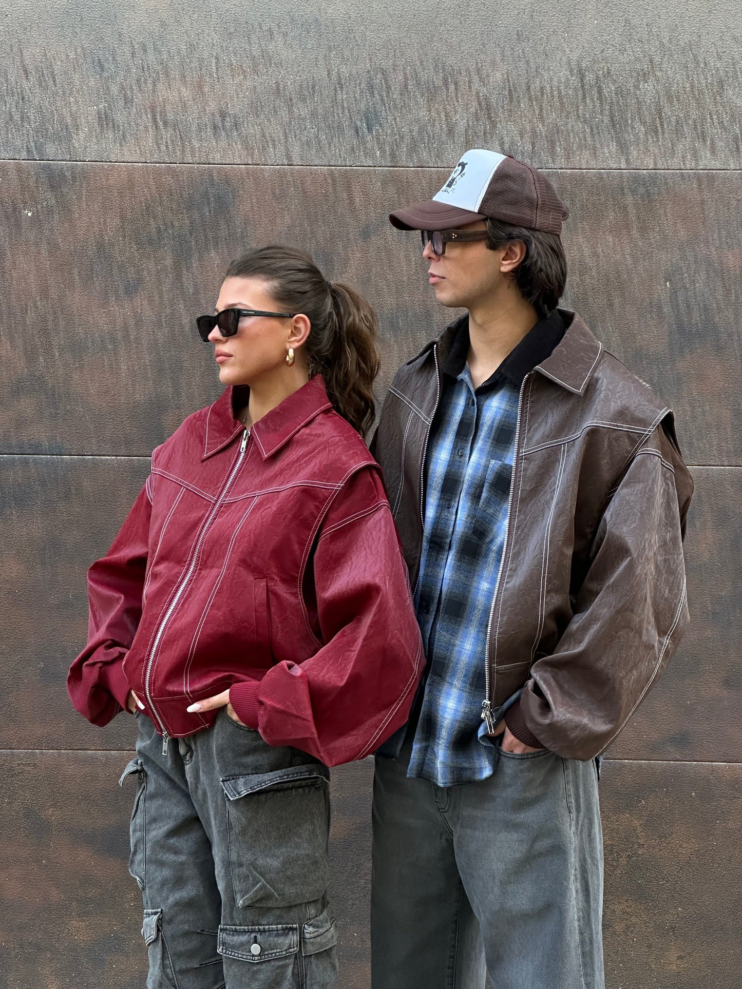 Oversized Contrast Stitch Jacket Red